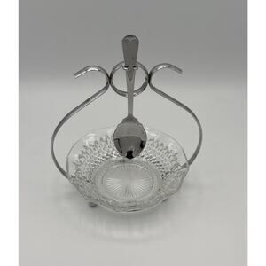 Vintage Condiment Set Wexford Pattern Glass Dish Silver Plated Frame with Spoon